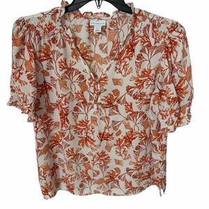 Liz Claiborne Coral Shell Print Ruffle Sleeve Blouse Women’s Small Lightweight